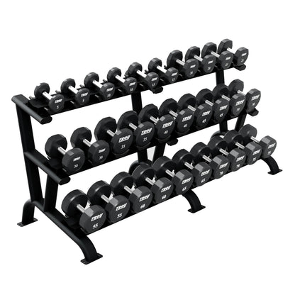 Troy Barbell TSD-U Urethane Encased Dumbbell Set 5 to 75LB with black DR-15 Rack