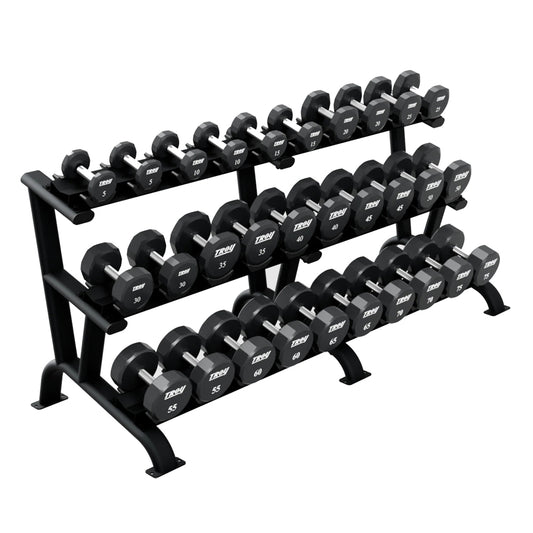 Troy Barbell TSD-U Urethane Encased Dumbbell Set 5 to 75LB with black DR-15 Rack