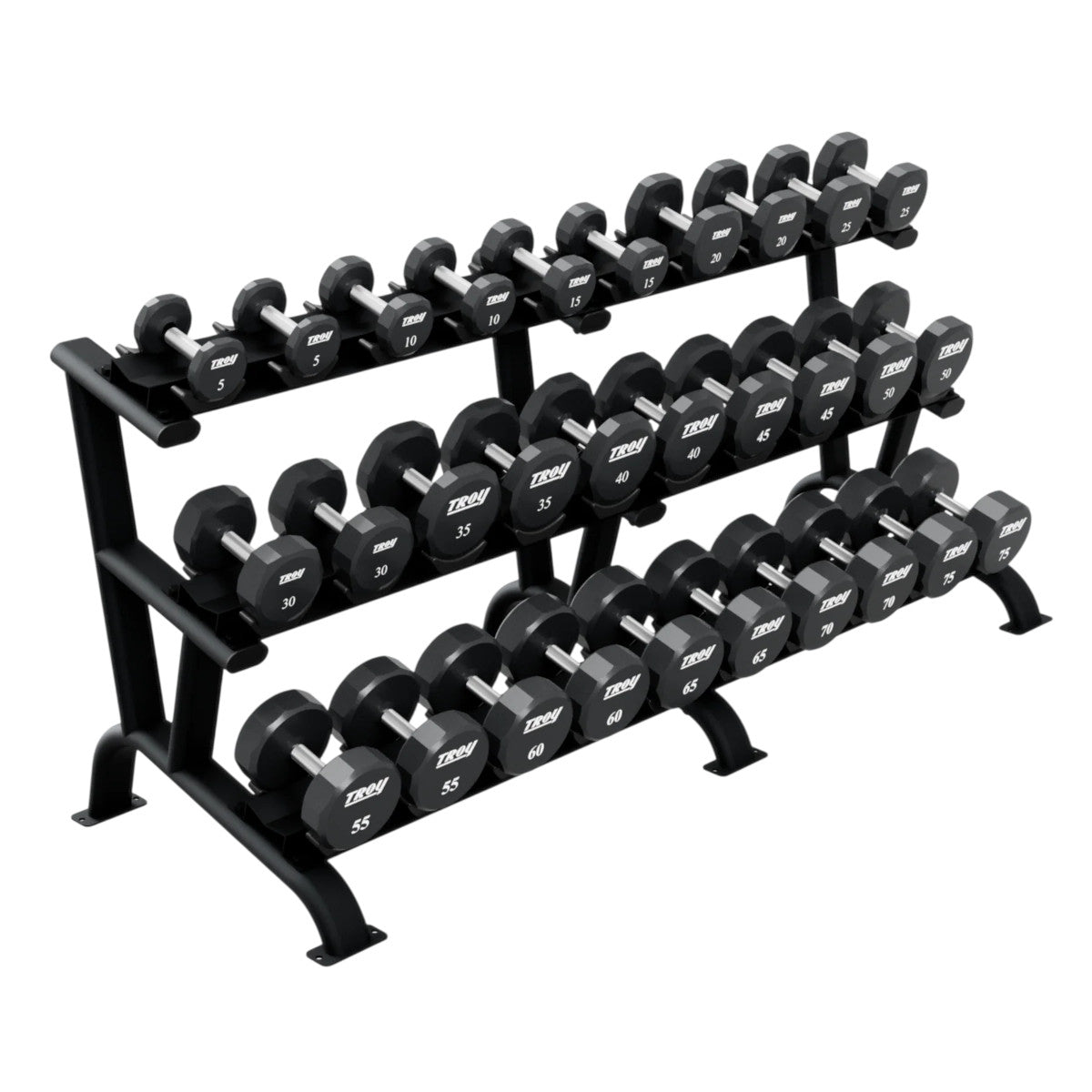 Troy Barbell DR-15 Three Tier Dumbbell Rack black shown with TSD-U 12 Sided Urethane Dumbbells.