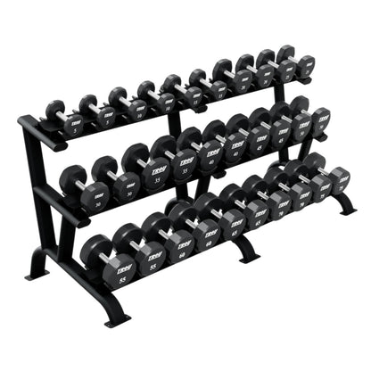 Troy Barbell DR-15 Three Tier Dumbbell Rack black shown with TSD-U 12 Sided Urethane Dumbbells.