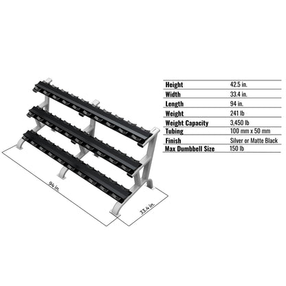 Troy Barbell DR-15 dumbbell rack specifications.
