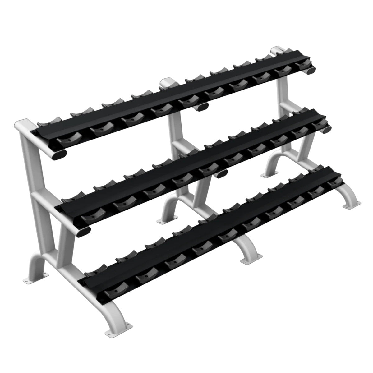 Troy Barbell DR-15 Three Tier Dumbbell Rack silver angled view.