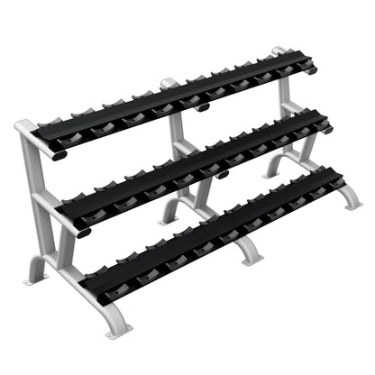 Troy Barbell DR-15 Three Tier Dumbbell Rack silver angled view.