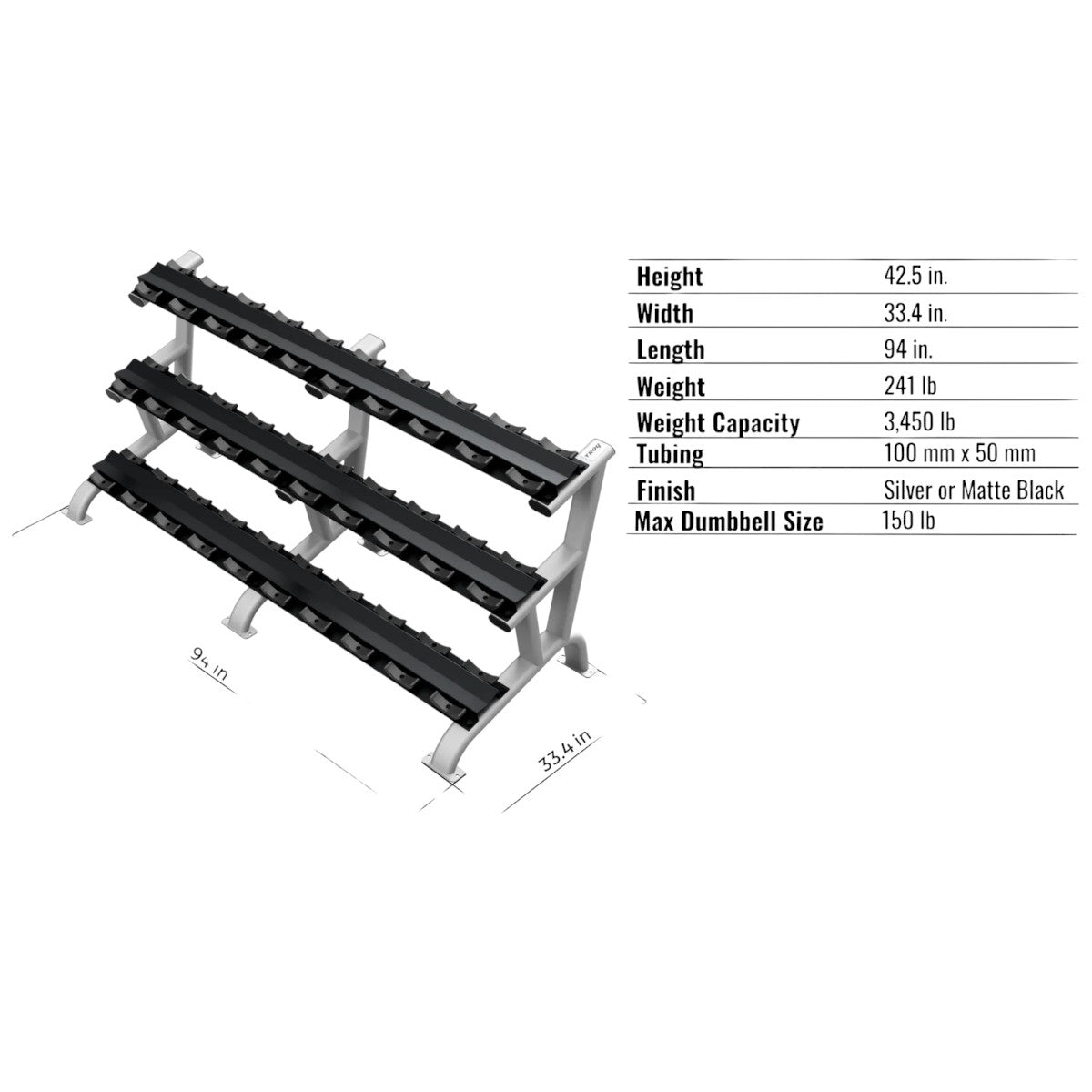 Troy Barbell DR-15 Three Tier Dumbbell Rack specifications.