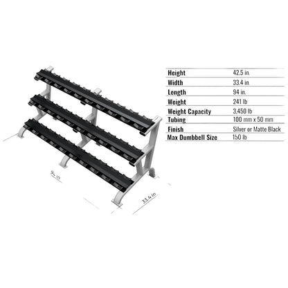 Troy Barbell DR-15 Three Tier Dumbbell Rack specifications.