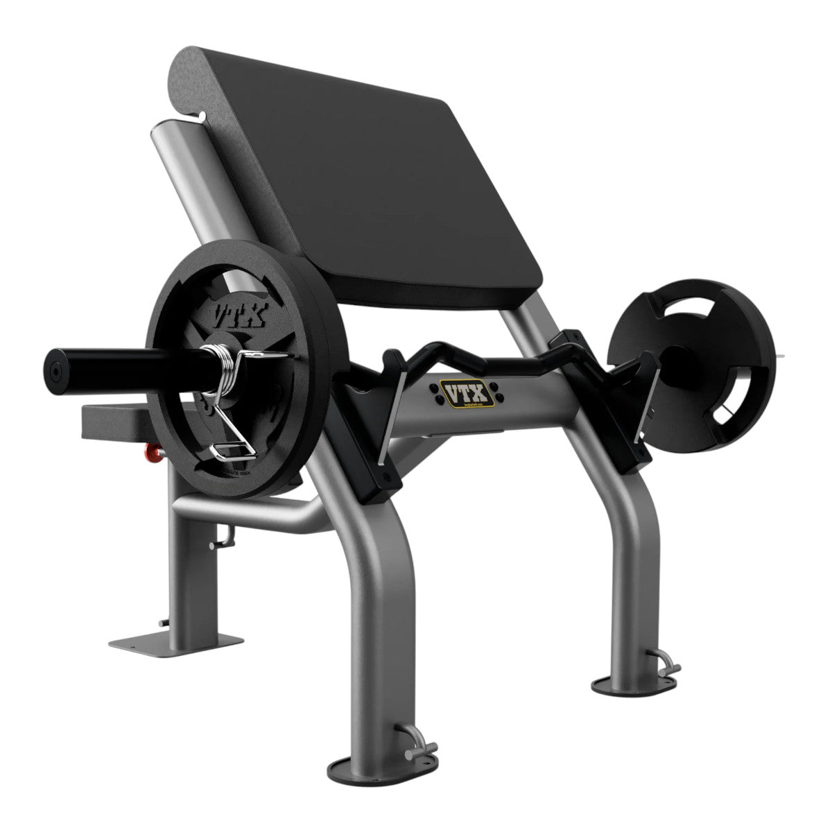 Troy Barbell VTX G-CB Free-standing Curl Bench shown with curl bar.