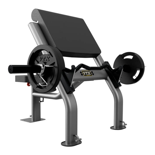Troy Barbell VTX G-CB Free-standing Curl Bench shown with curl bar.