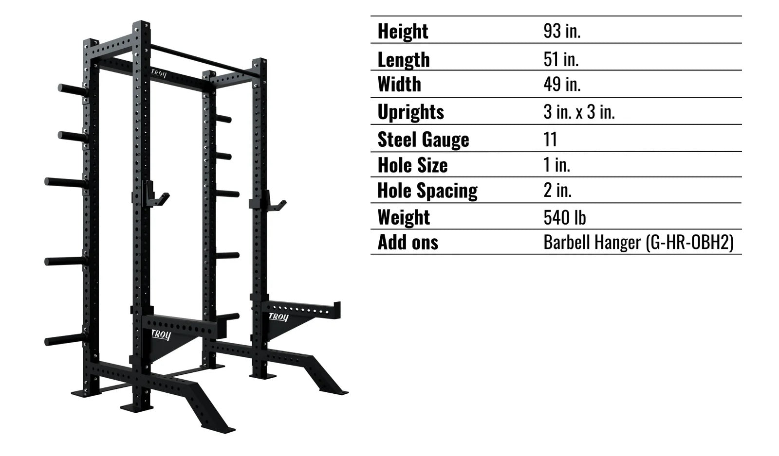 Troy Barbell G-HR-3010 Apollo Half Rack specs.