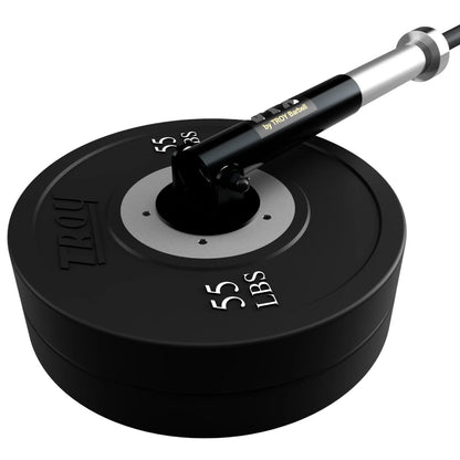 Troy Barbell VTX G-LAND Post Landmine with weight plates angled view.