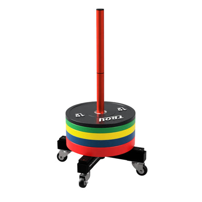 Troy Barbell VTX G-MBPR Mobile Bumper Plate Rack shown with bumper plates.