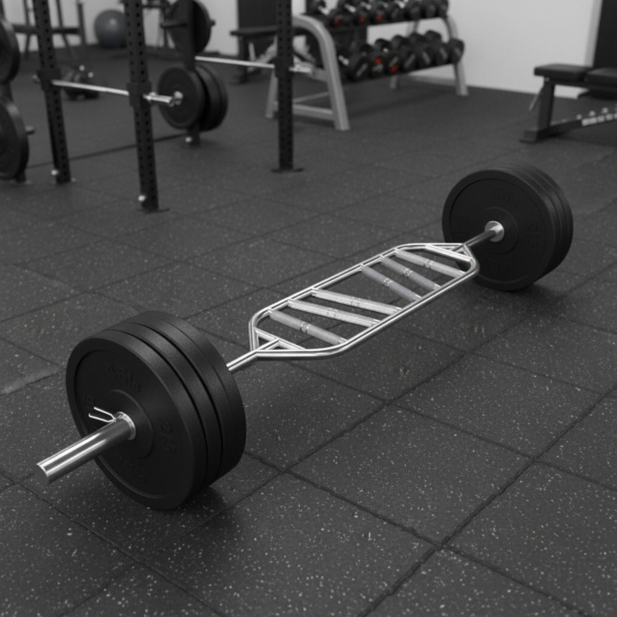 Troy Barbell VTX G-MGB Olympic Multi Grip Swiss Bar in gym.