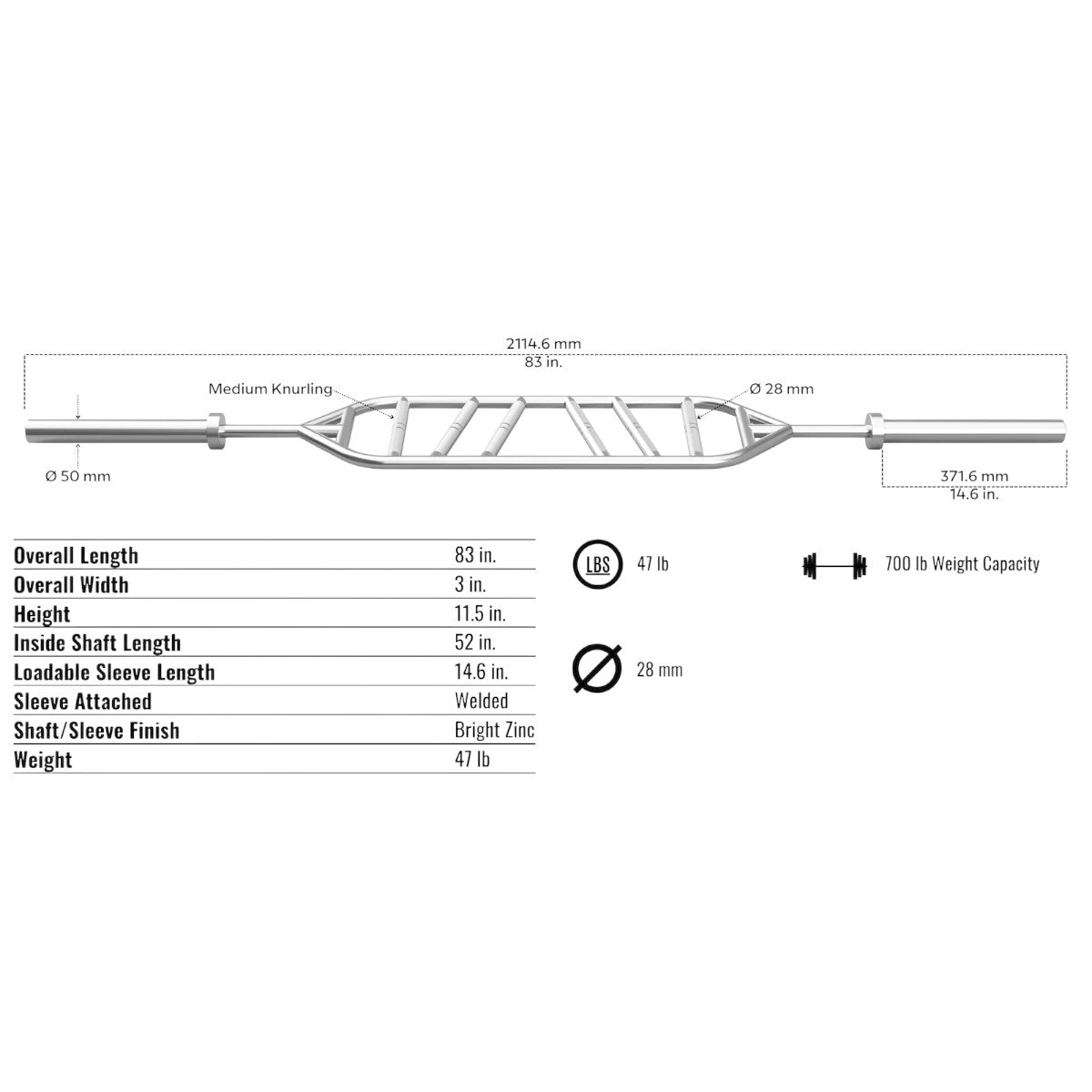 Troy Barbell VTX G-MGB Olympic Multi Grip Swiss Bar specifications.