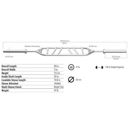 Troy Barbell VTX G-MGB Olympic Multi Grip Swiss Bar specifications.