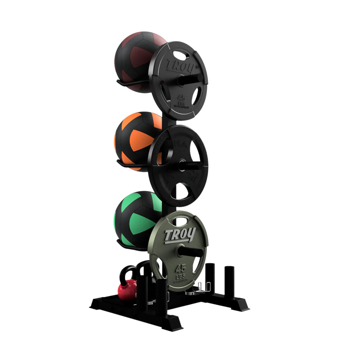 Troy Barbell VTX G-MR Vertical Multipurpose Storage Rack shown with weight plates, wall-balls, kettlebells side view.