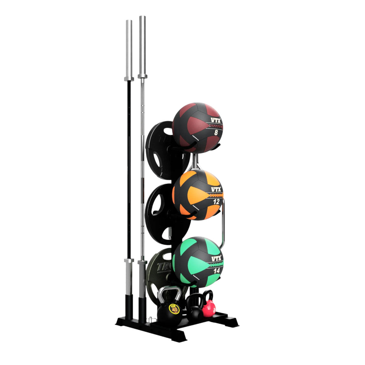 Troy Barbell VTX G-MR Vertical Multipurpose Storage Rack shown with bars, weight plates, wall-balls side view.
