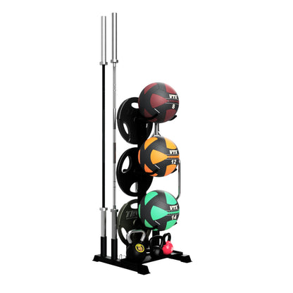 Troy Barbell VTX G-MR Vertical Multipurpose Storage Rack shown with bars, weight plates, wall-balls side view.