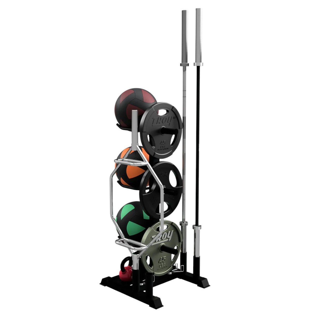 Troy Barbell VTX G-MR Vertical Multipurpose Storage Rack shown with bars, weight plates, wall-balls.