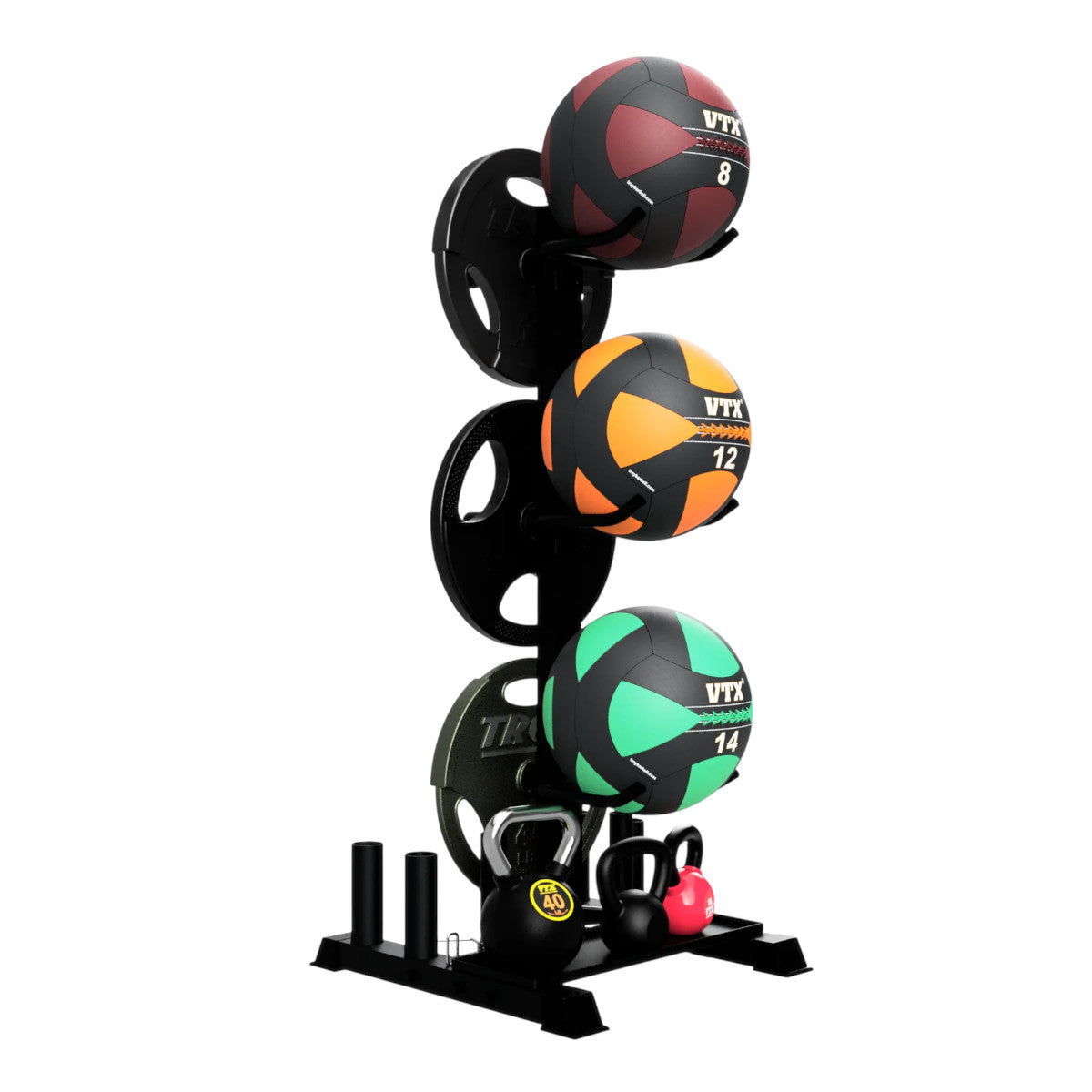 Troy Barbell VTX G-MR Vertical Multipurpose Storage Rack shown with weight plates, wall-balls, kettlebells.