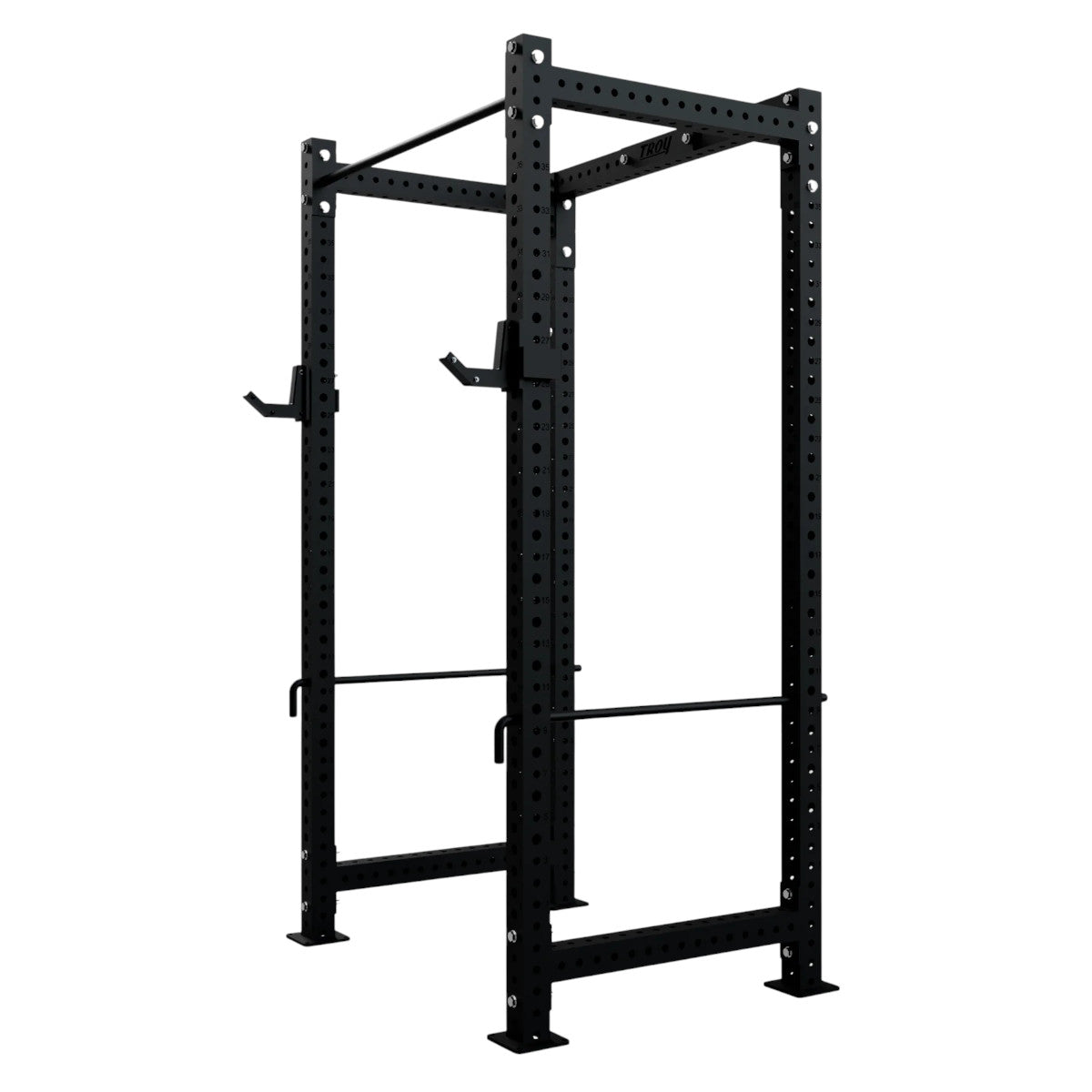 Troy Barbell G-PR-3010 Black Apollo Power Rack side view.