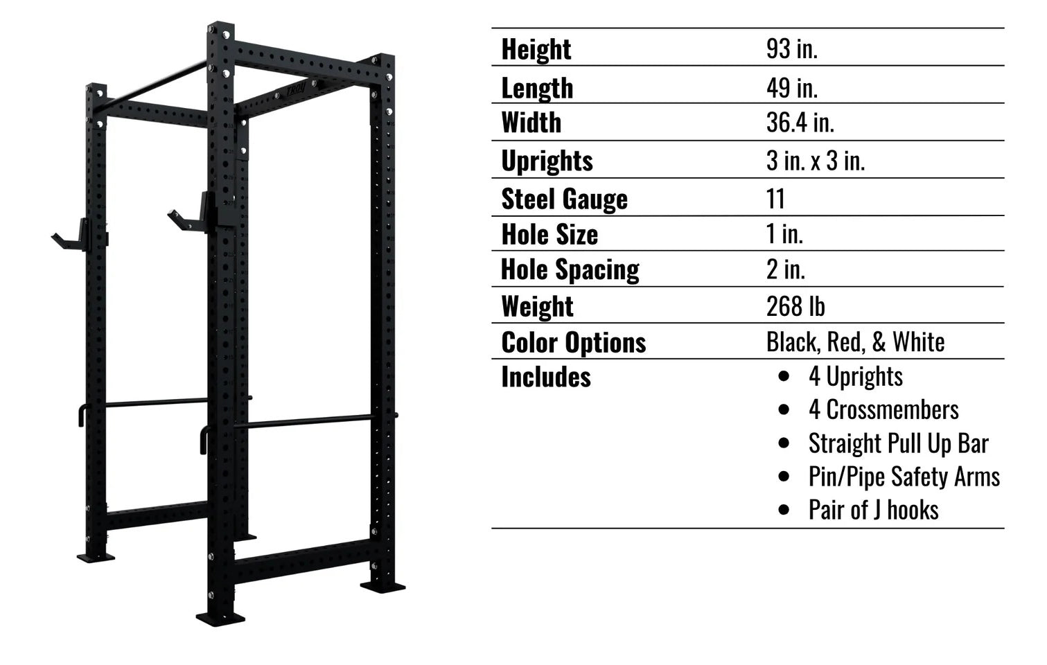 Troy Barbell G-PR-3010 Apollo Power Rack specs.