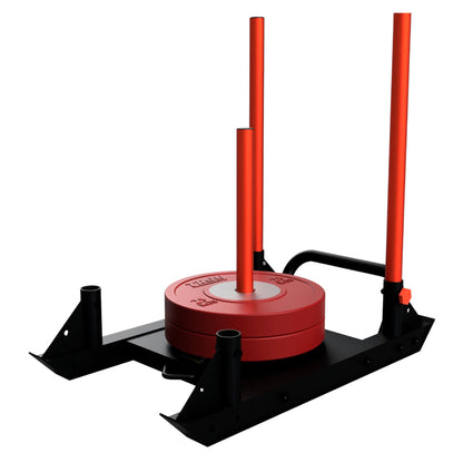 Troy Barbell VTX G-SLED Push/Pull Sled with weight plates side view.