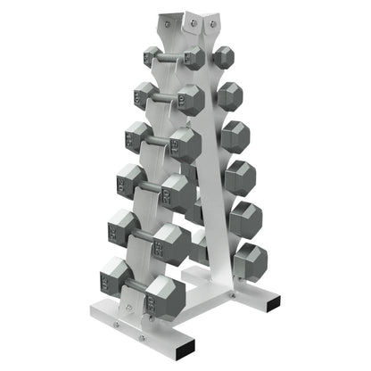 Troy Barbell USA Sports GADR-6 A Frame Dumbbell Rack shown with iron dumbbells.