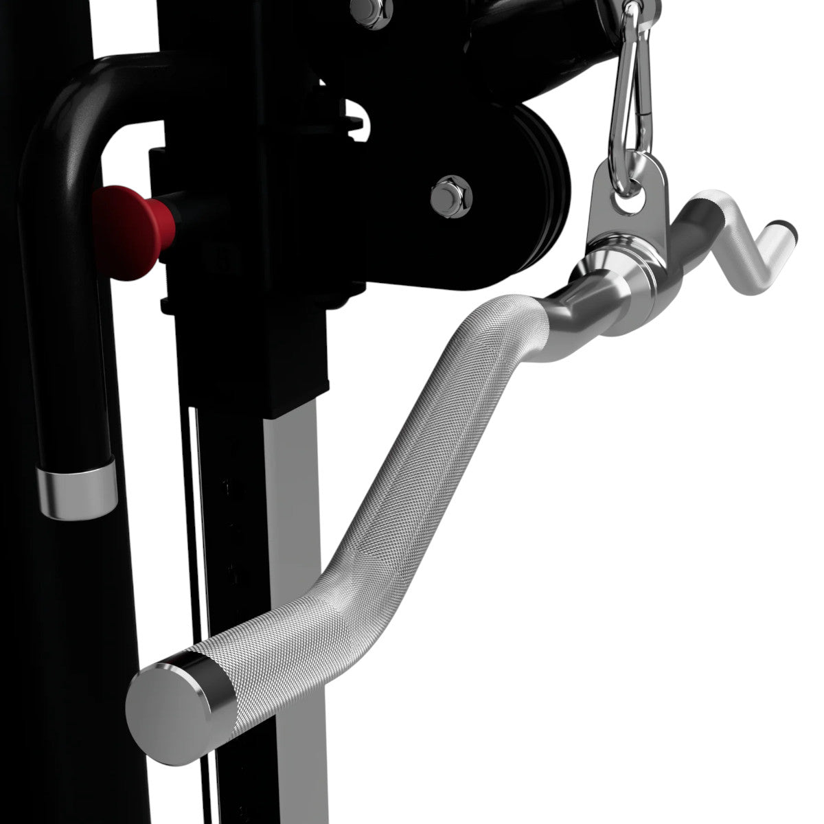 Troy Barbell USA Sports GCB-28S 28” Multi-Purpose Curl Bar with Swivel attached to cable-cross side view.