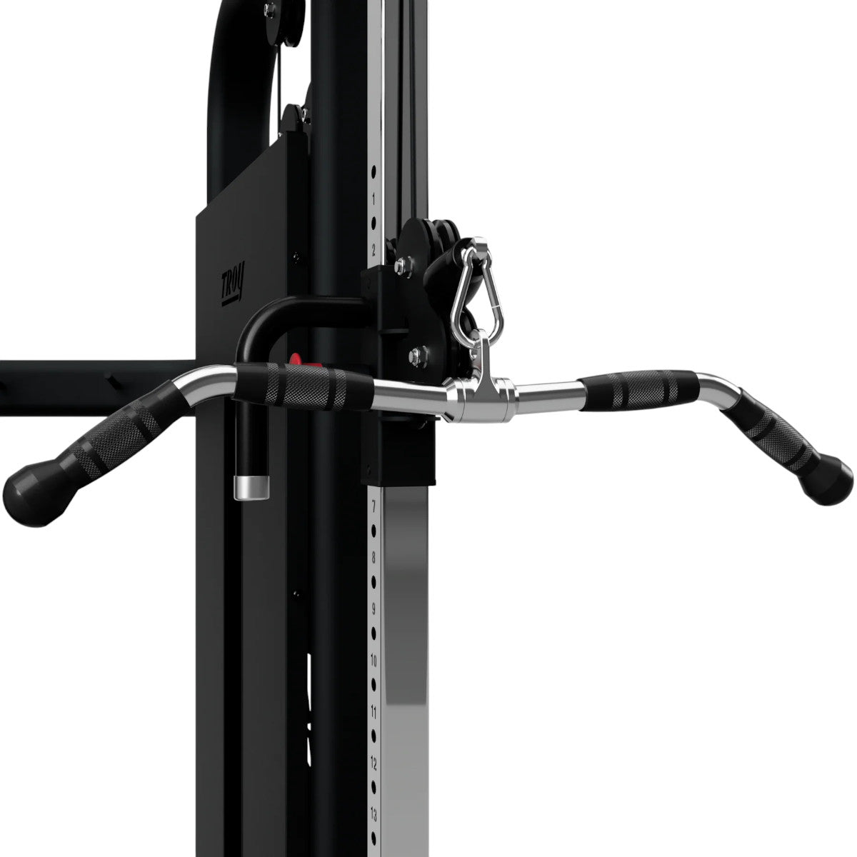 Troy Barbell VTX GCB-28SR Curl Bar with Swivel and Rubber Grips attached to functional trainer.