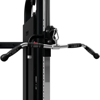 Troy Barbell VTX GCB-28SR Curl Bar with Swivel and Rubber Grips attached to functional trainer.