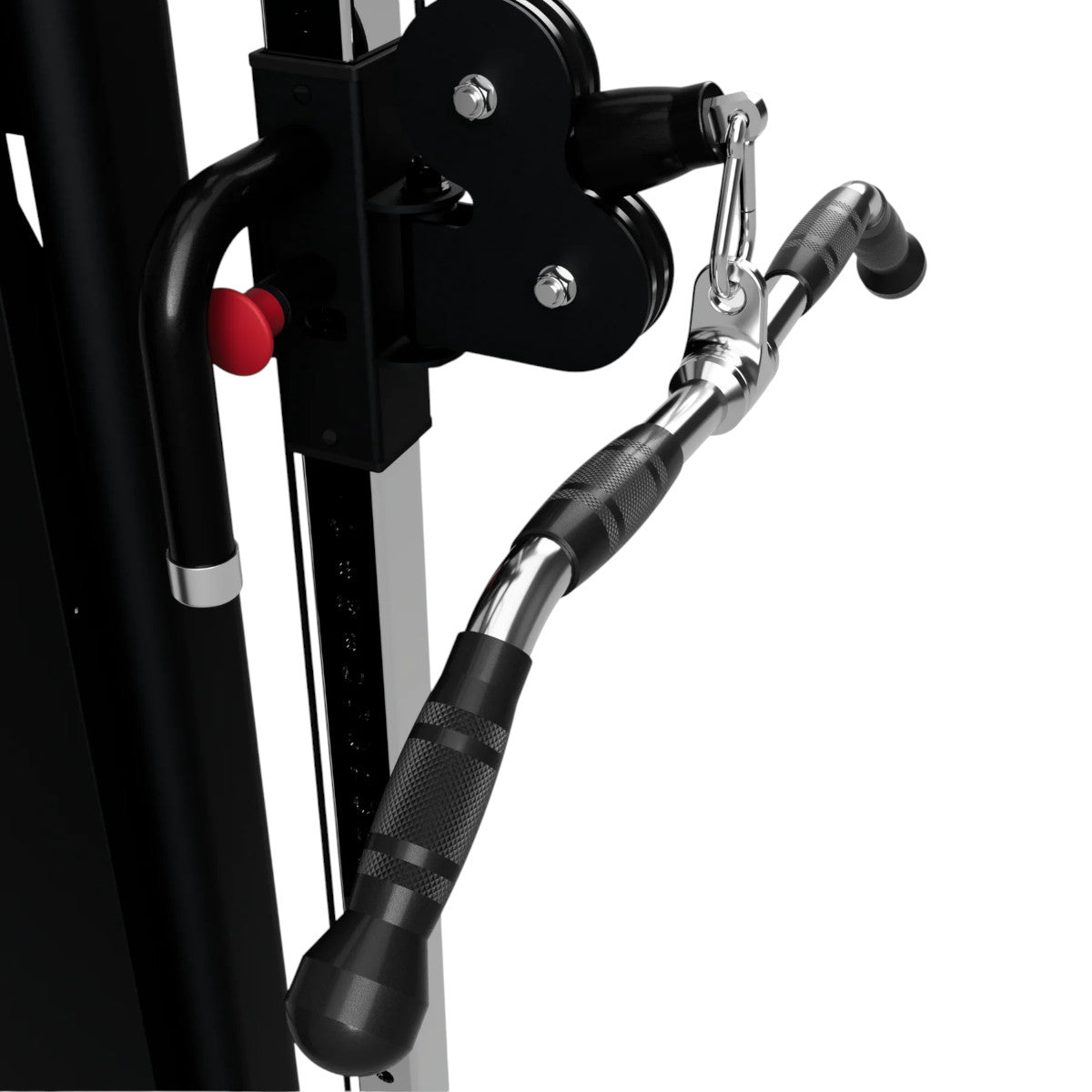 Troy Barbell VTX GCB-28SR Curl Bar with Swivel and Rubber Grips attached to functional trainer side view.