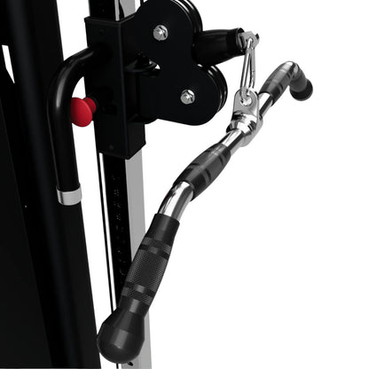 Troy Barbell VTX GCB-28SR Curl Bar with Swivel and Rubber Grips attached to functional trainer side view.