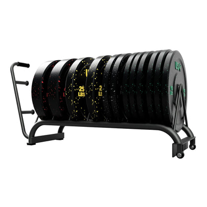 Troy Barbell VTX GHBPR Horizontal Bumper Plate Rack shown loaded with bumper plates side view.