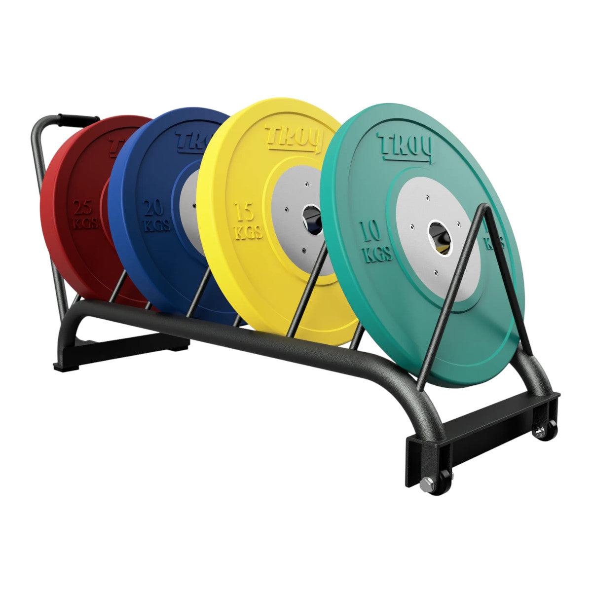 Troy Barbell VTX GHBPR Horizontal Bumper Plate Rack shown with bumper plates.
