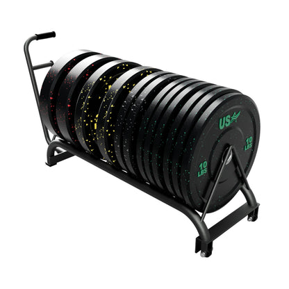 Troy Barbell VTX GHBPR Horizontal Bumper Plate Rack shown loaded with bumper plates.