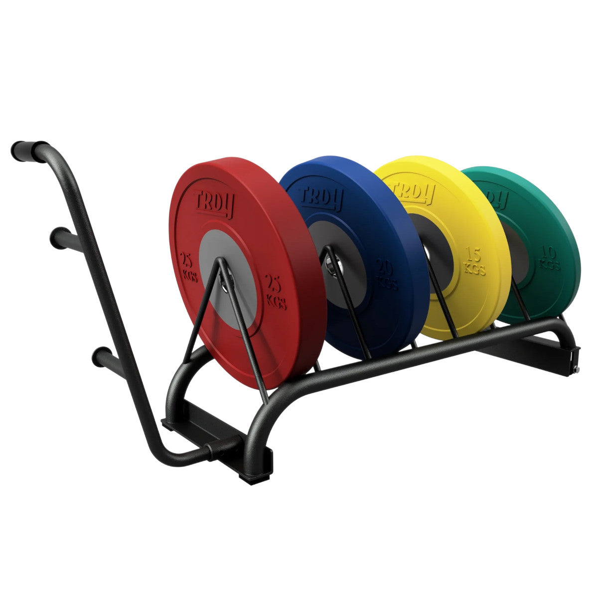 Troy Barbell VTX GHBPR Horizontal Bumper Plate Rack shown with bumper plates side angle view.