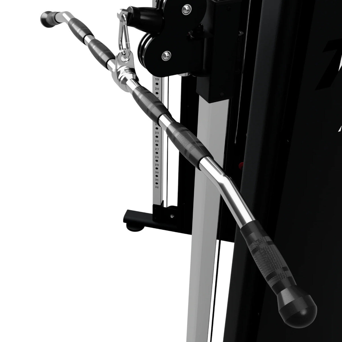 Troy Barbell VTX GLB-48SR High Quality Lat Bar w/Rubber Grip attached to cable-cross angled view.