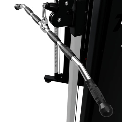 Troy Barbell VTX GLB-48SR High Quality Lat Bar w/Rubber Grip attached to cable-cross angled view.