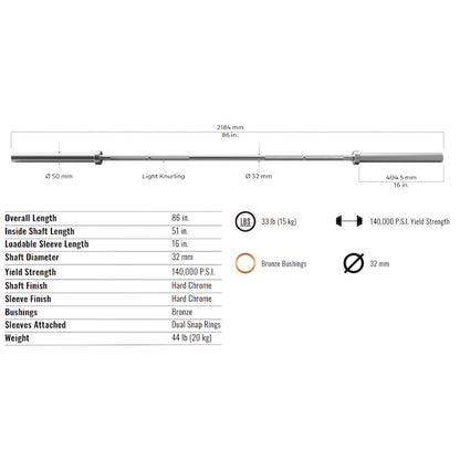 Troy Barbell VTX GOB-1200 Olympic International Power Bar specifications.
