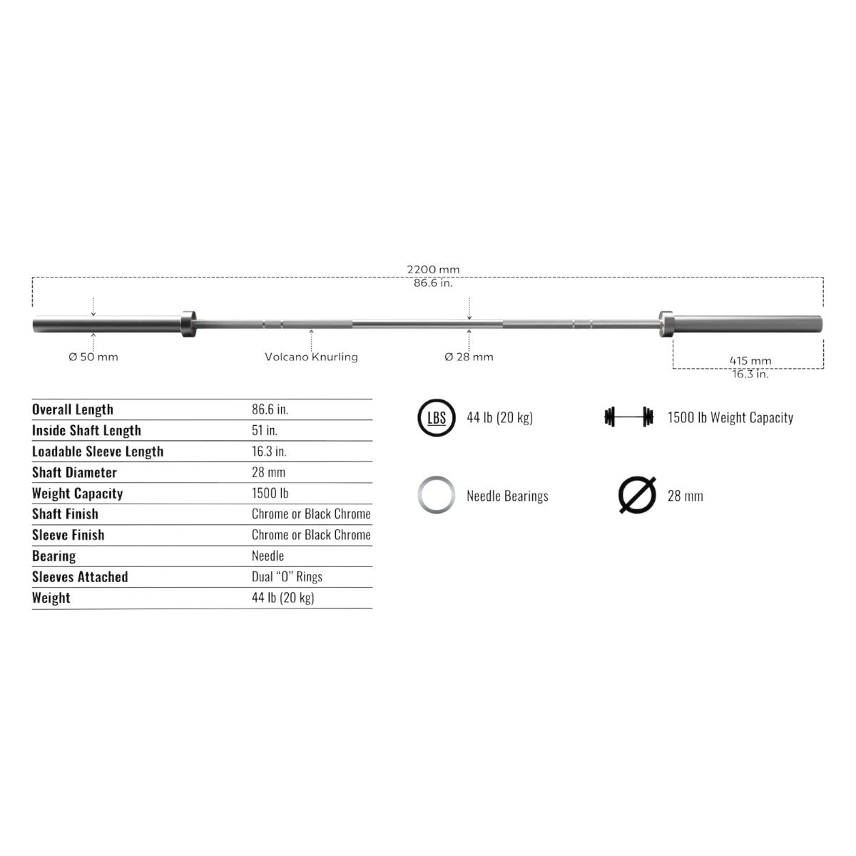 Troy Barbell GOB-1500BC Black Chrome VTX Hybrid Olympic Bar specifications.
