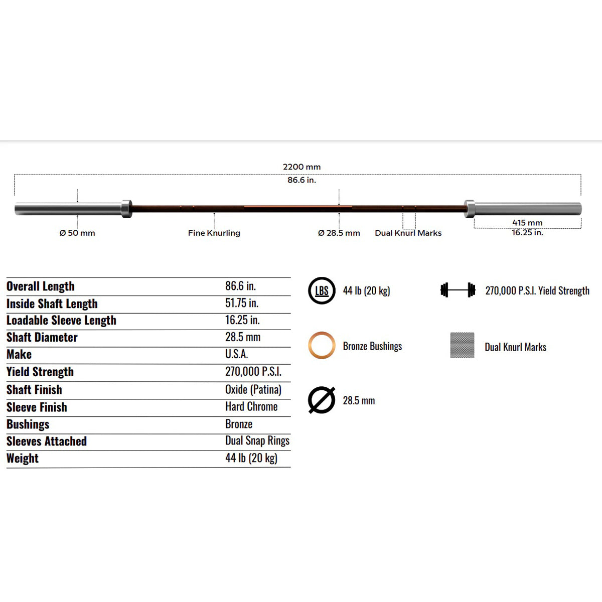 Troy Barbell VTX GOB-1800 Men's Training Olympic Bar Specs.
