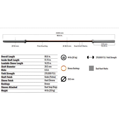 Troy Barbell VTX GOB-1800 Men's Training Olympic Bar Specs.