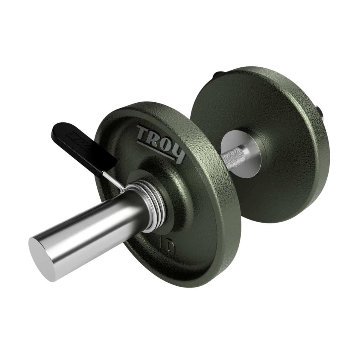 Troy Barbell USA Sports GOD-20 Olympic Dumbbell Handle shown with iron plates.