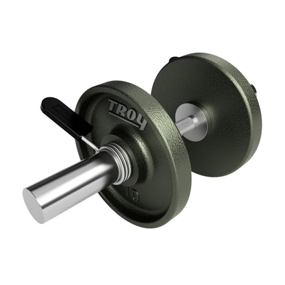 Troy Barbell USA Sports GOD-20 Olympic Dumbbell Handle shown with iron plates.
