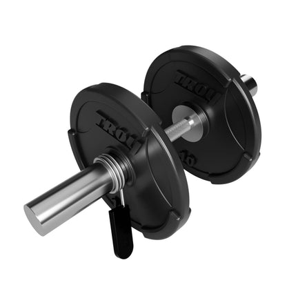 Troy Barbell USA Sports GOD-20 Olympic Dumbbell Handle shown with urethane encased plates.