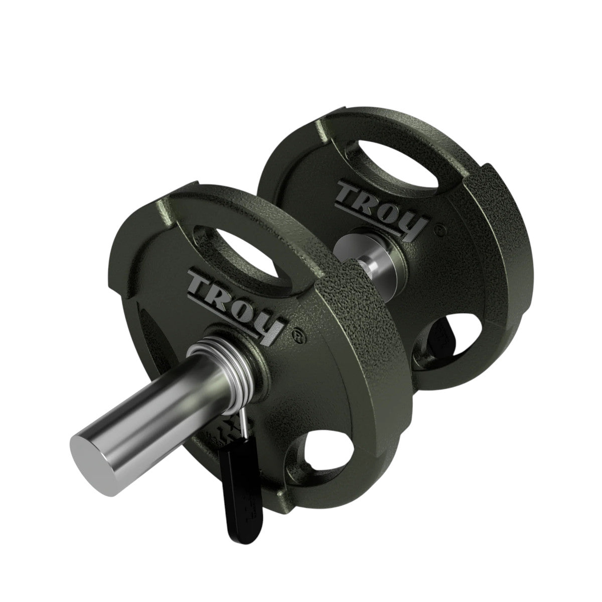 Troy Barbell USA Sports GOD-20 Olympic Dumbbell Handle shown with iron plates side view.