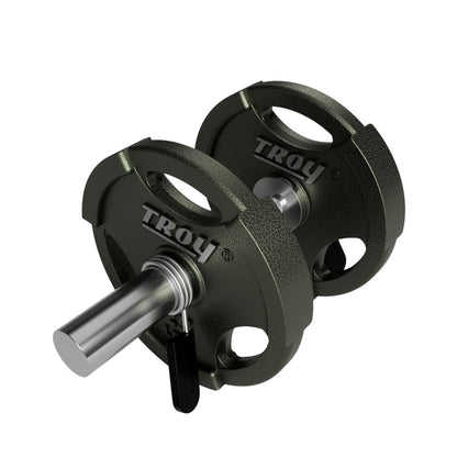 Troy Barbell USA Sports GOD-20 Olympic Dumbbell Handle shown with iron plates side view.