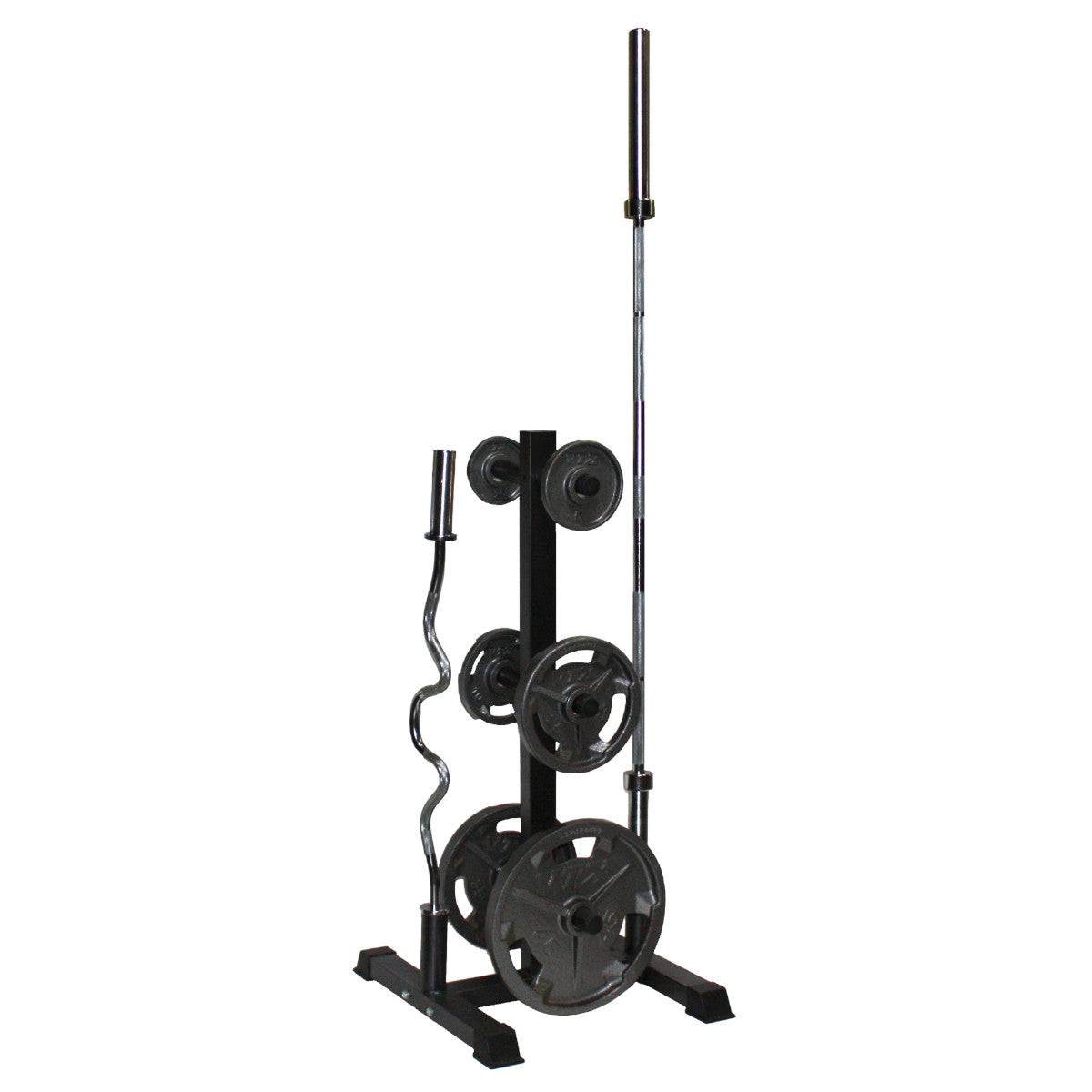 Troy Barbell VTX GOPT Vertical Olympic Plate and Bar Rack shown with weight plates and bars side view.