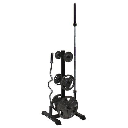 Troy Barbell VTX GOPT Vertical Olympic Plate and Bar Rack shown with weight plates and bars side view.