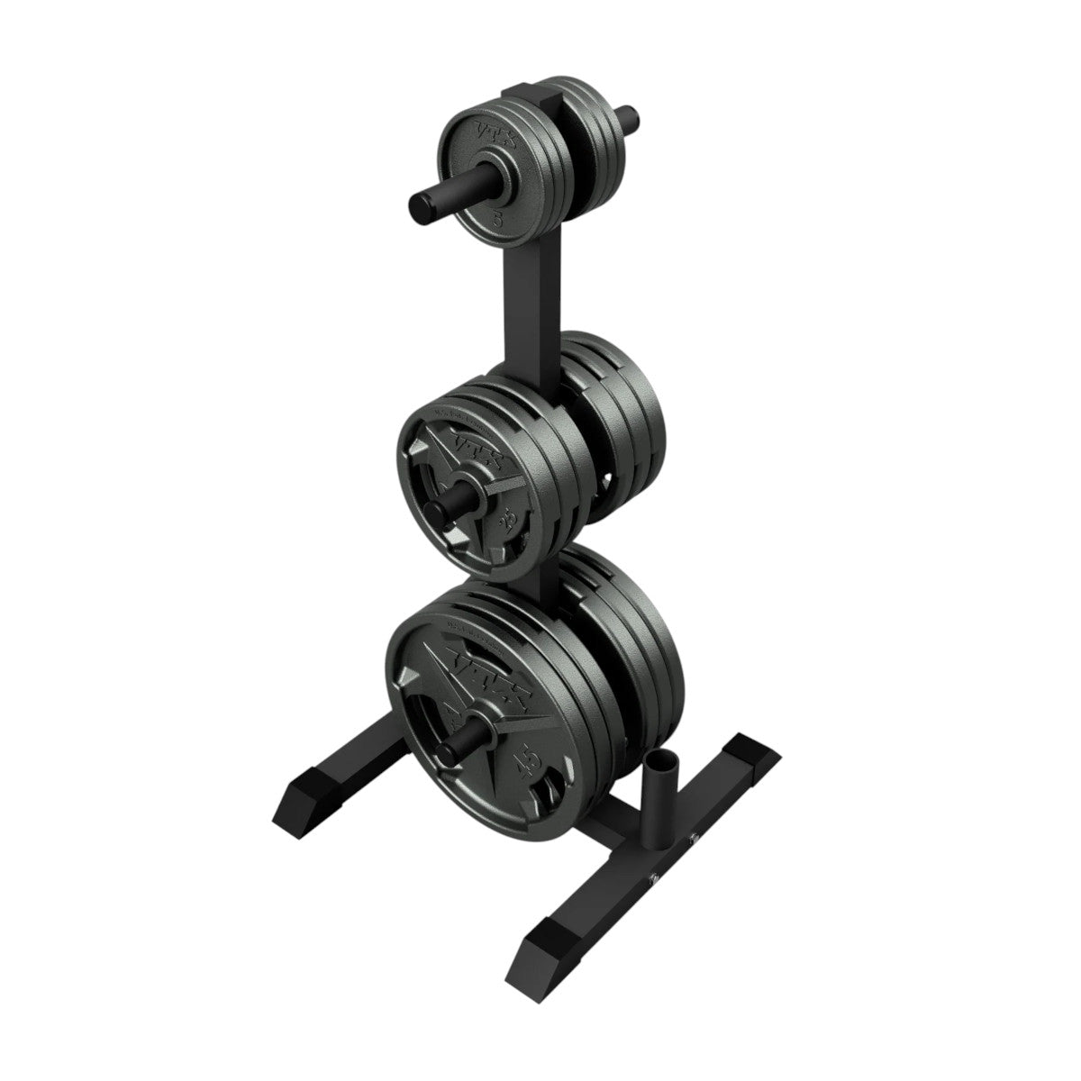 Troy Barbell VTX GOPT Vertical Olympic Plate and Bar Rack shown with weight plates.