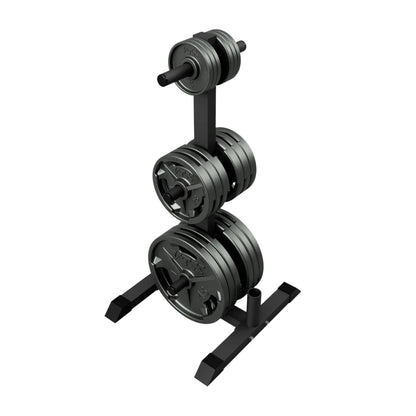 Troy Barbell VTX GOPT Vertical Olympic Plate and Bar Rack shown with weight plates.